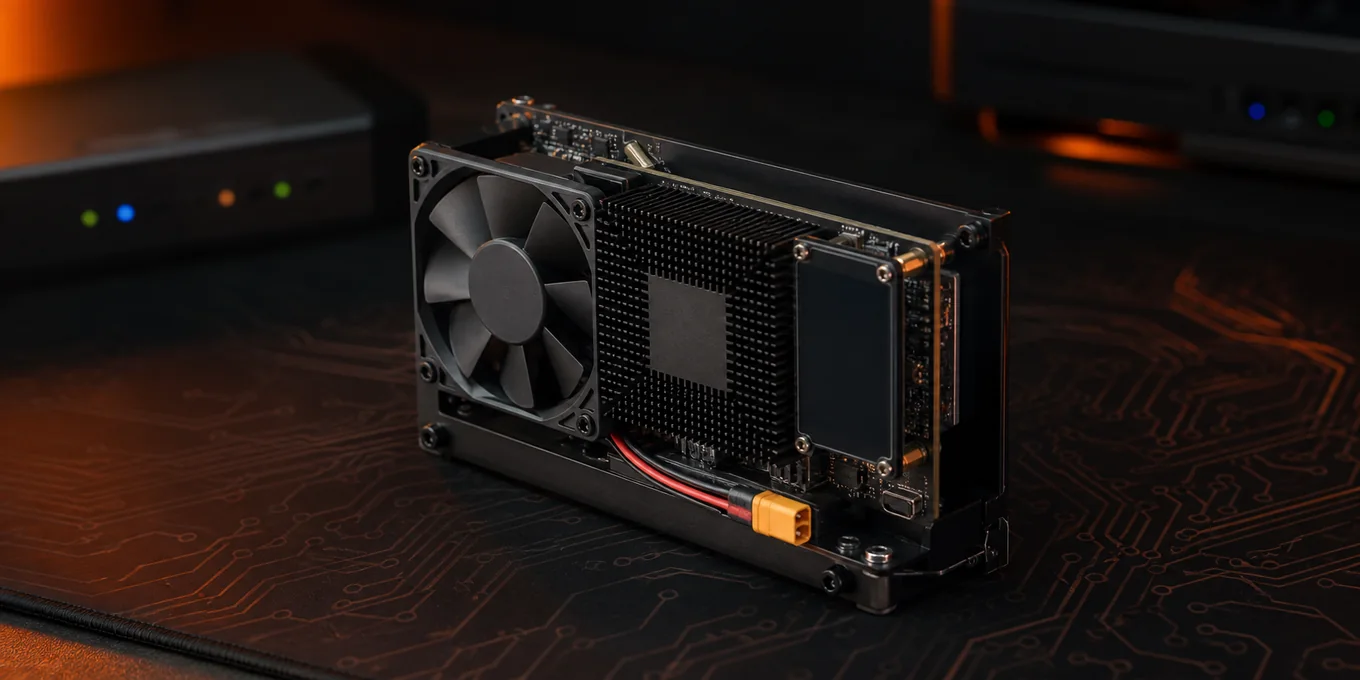 Open-frame dual-chip desktop Bitcoin solo miner with large heatsink, fan and color display