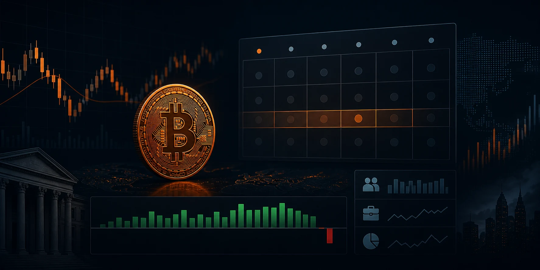Bitcoin, an economic calendar and ETF flow bars frame the market week ahead