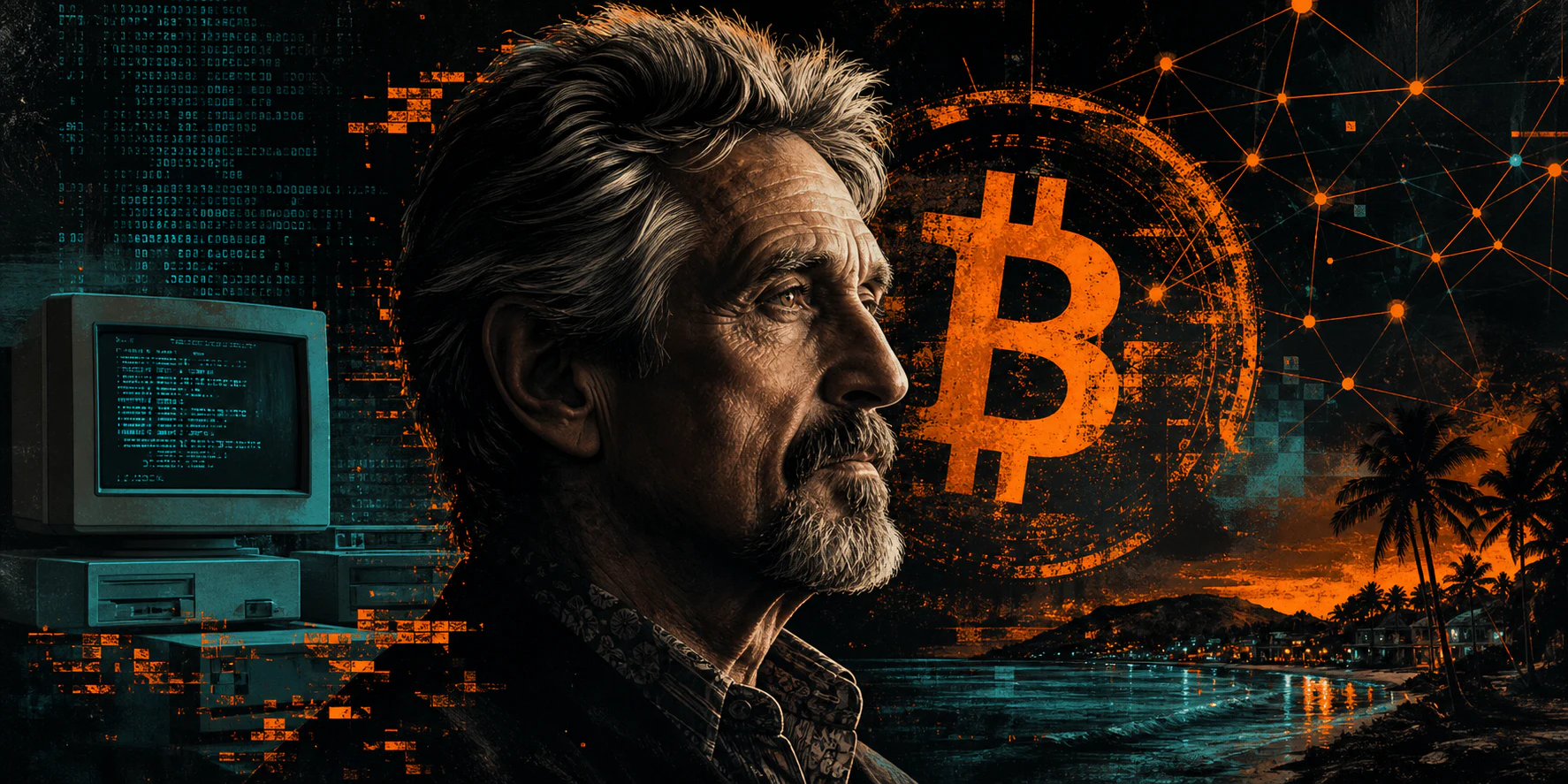 Editorial portrait of John McAfee between early computer security, Bitcoin culture and tropical neon