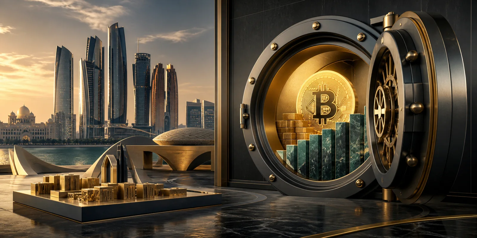 Editorial illustration of Abu Dhabi sovereign wealth investing through a bitcoin ETF
