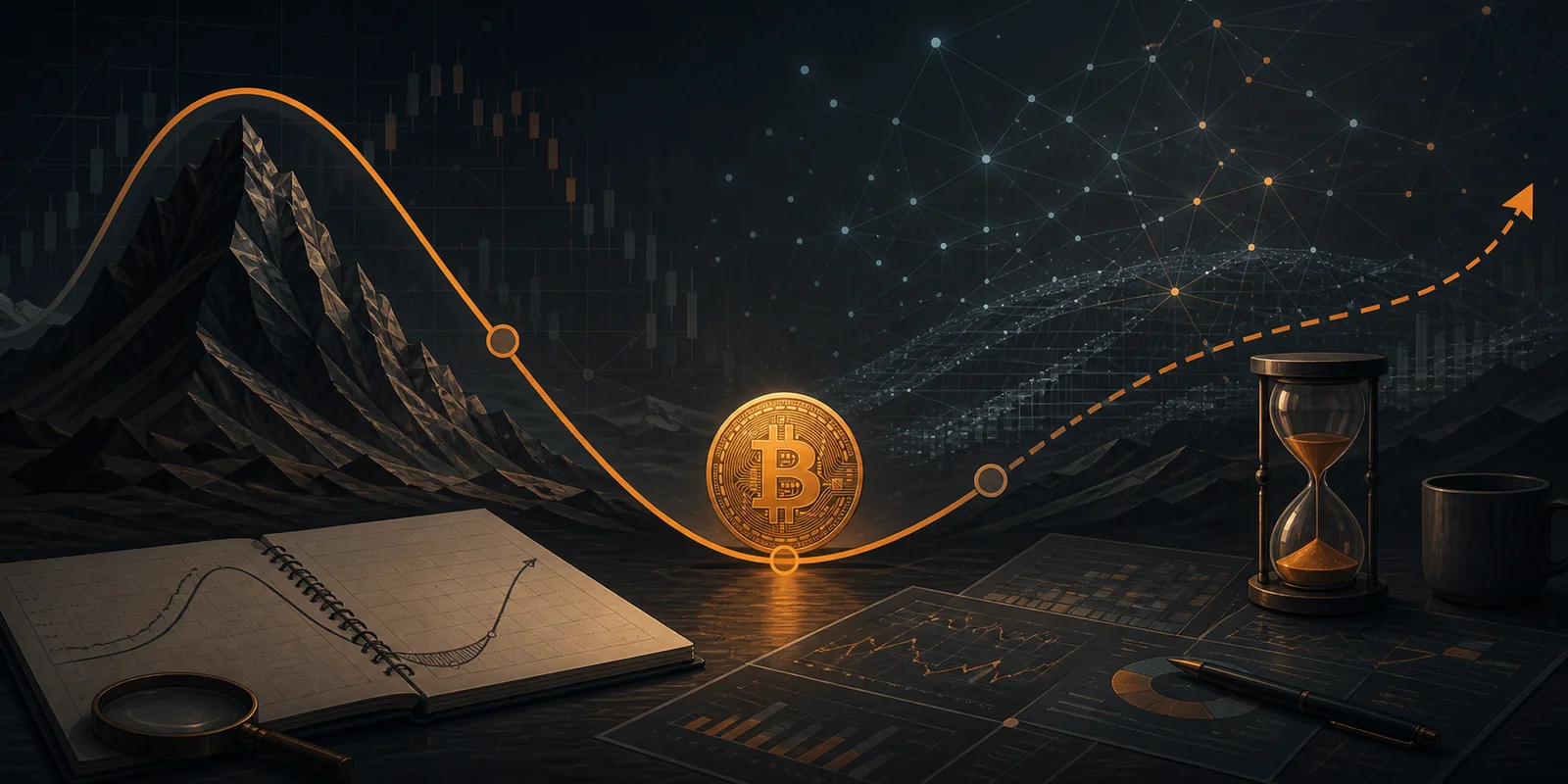 Editorial illustration of bitcoin at the low point of a market-cycle analysis