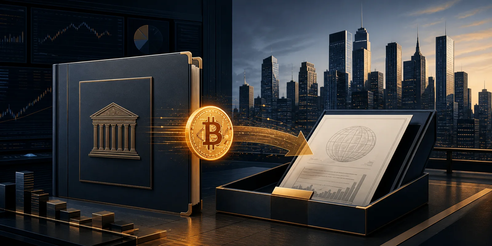 Editorial illustration of institutional bitcoin ETF assets moving into a bank portfolio