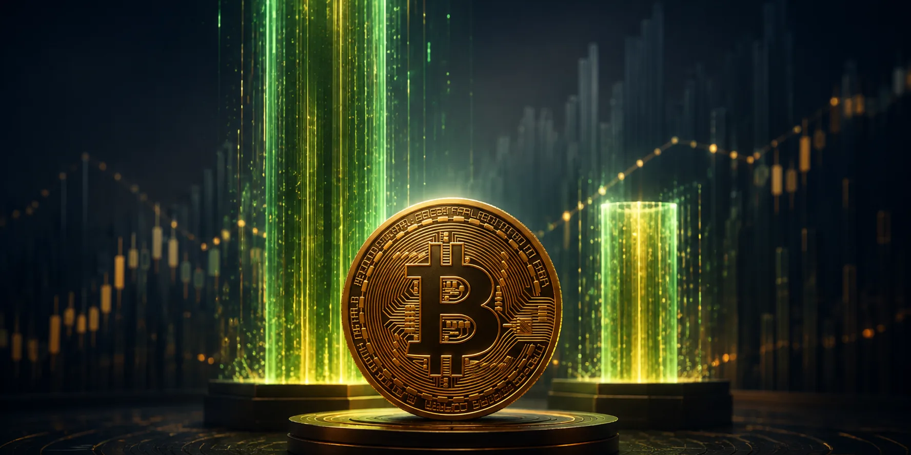 Bitcoin in front of one large and one smaller institutional inflow column