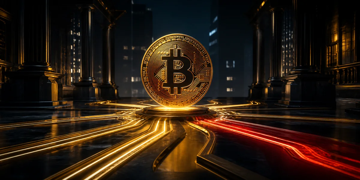 Gold Bitcoin coin surrounded by capital channels with a contrasting red outflow stream