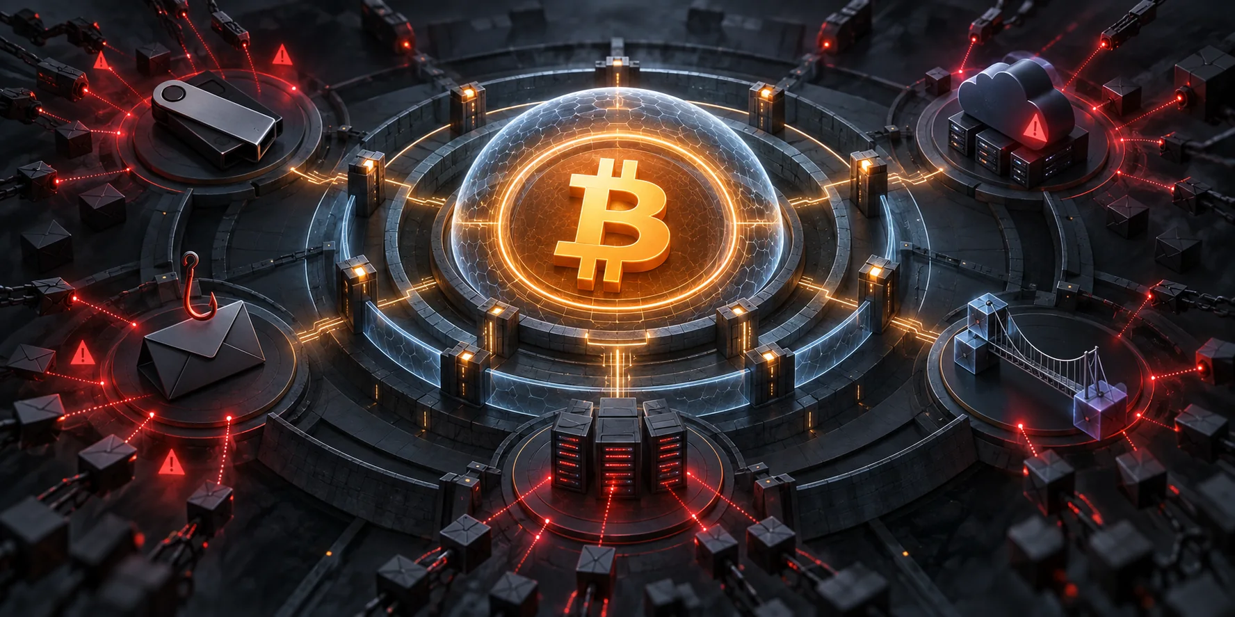 An intact Bitcoin core protected at the center while attacks target wallets, email, infrastructure and a sidechain bridge around it