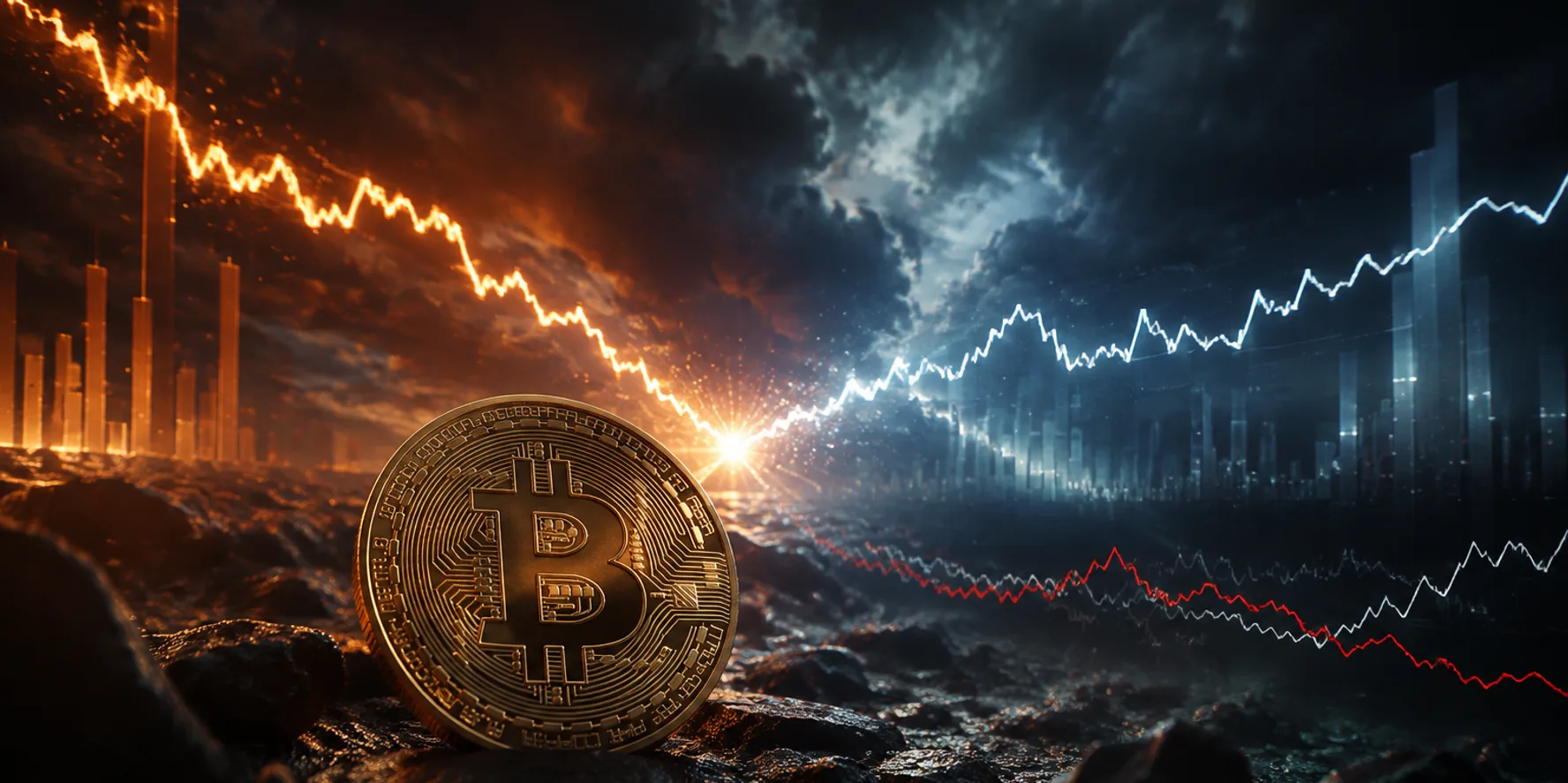 Bitcoin beside two market paths separating after a macroeconomic shock