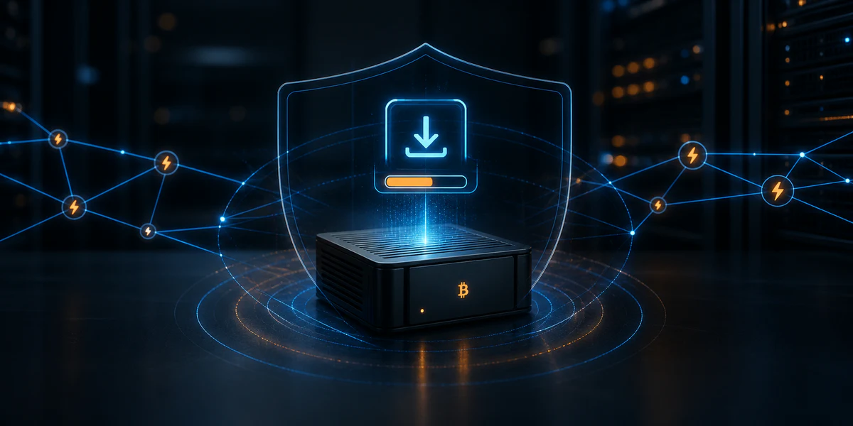 Conceptual Bitcoin Lightning node receiving a protected software update