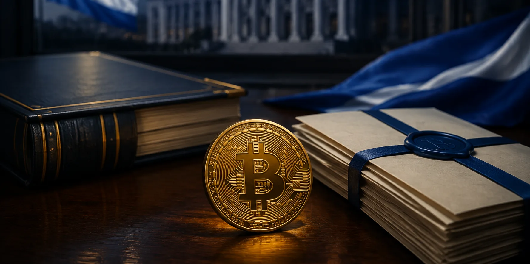 Bitcoin beside private donation documents with El Salvador colors in the background