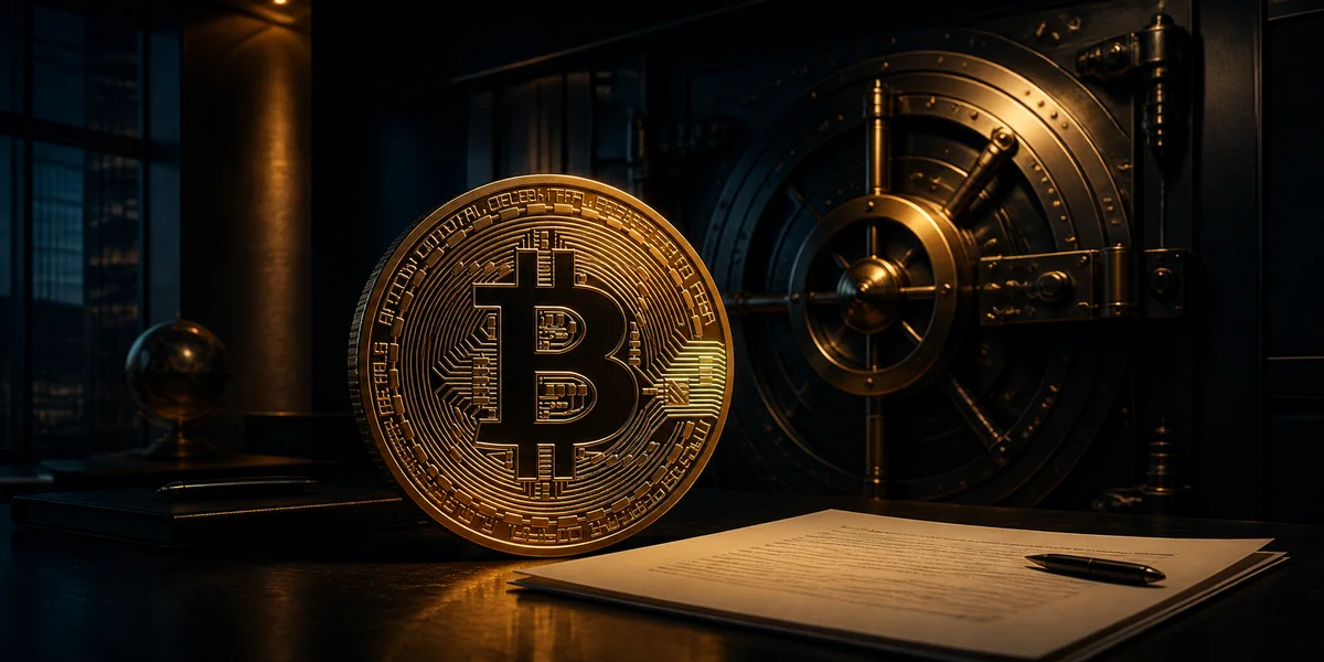 Gold Bitcoin coin beside a closed corporate vault and disclosure document