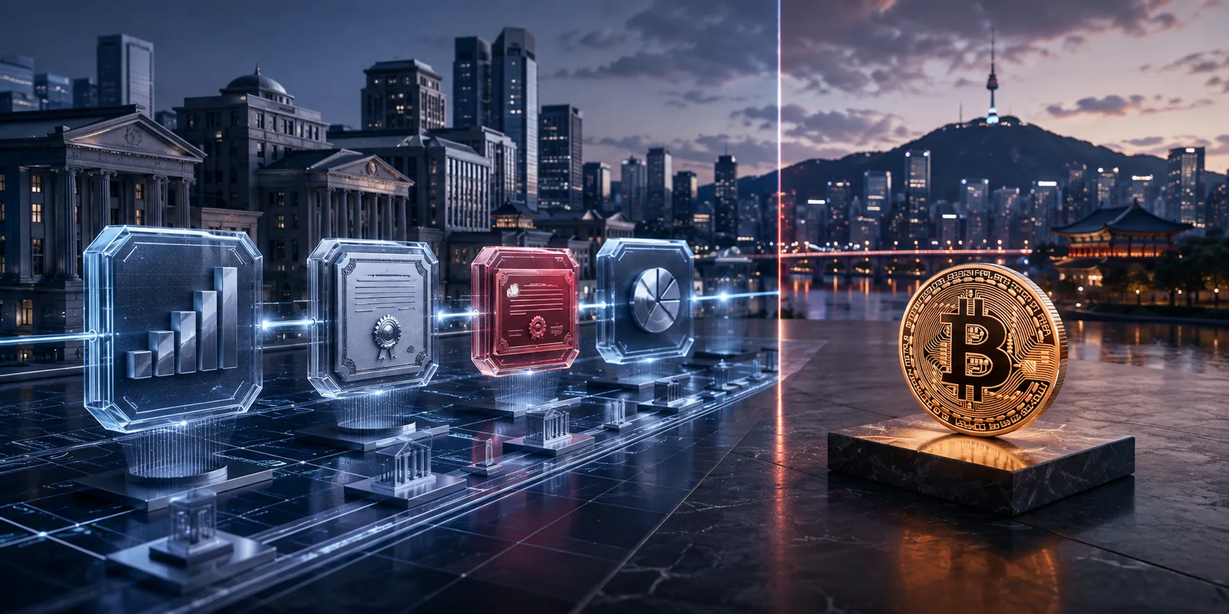 Tokenized securities infrastructure in Seoul shown separately from Bitcoin