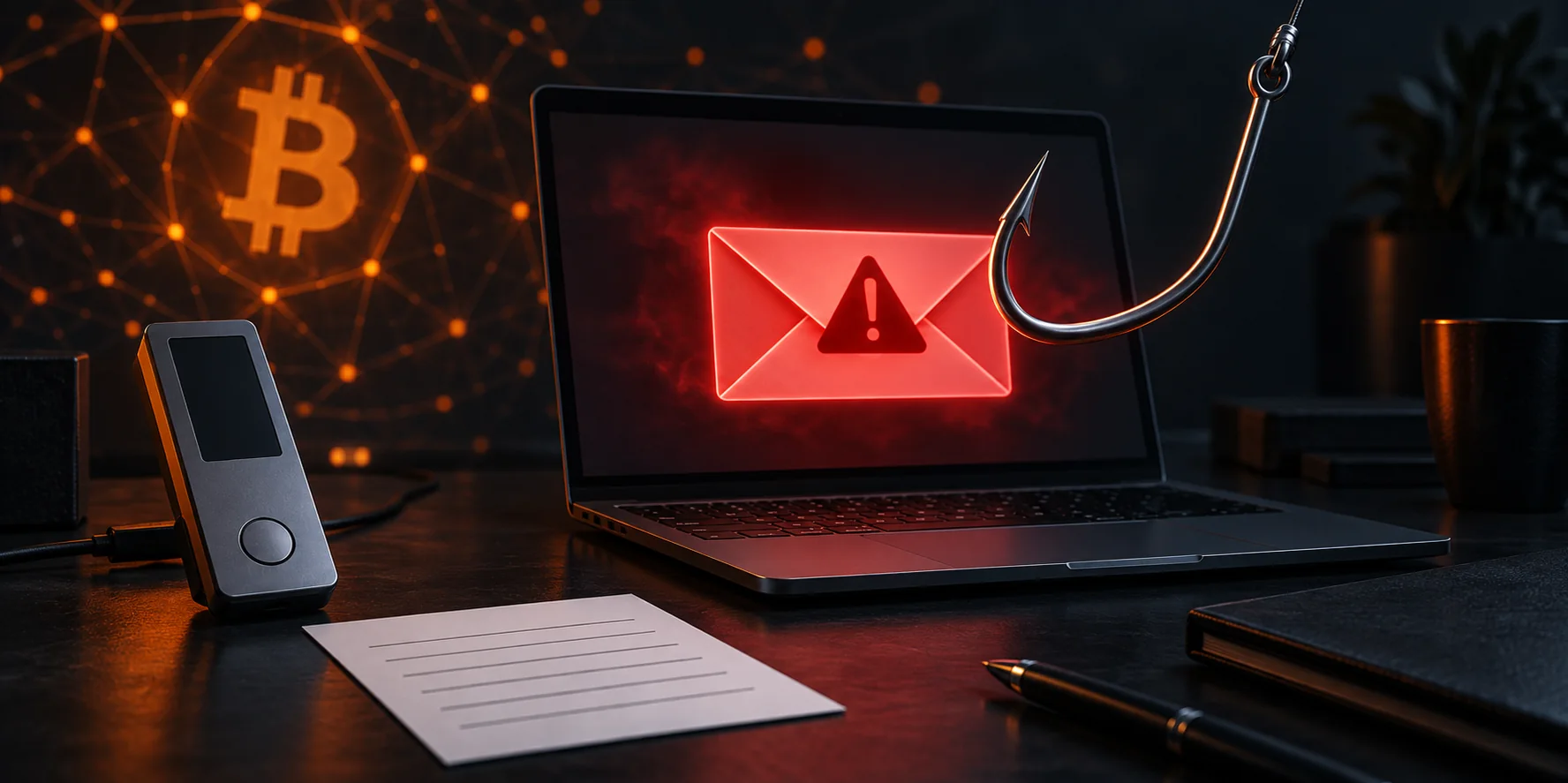 A phishing hook approaching a fake security email while a Bitcoin hardware wallet remains separate and intact