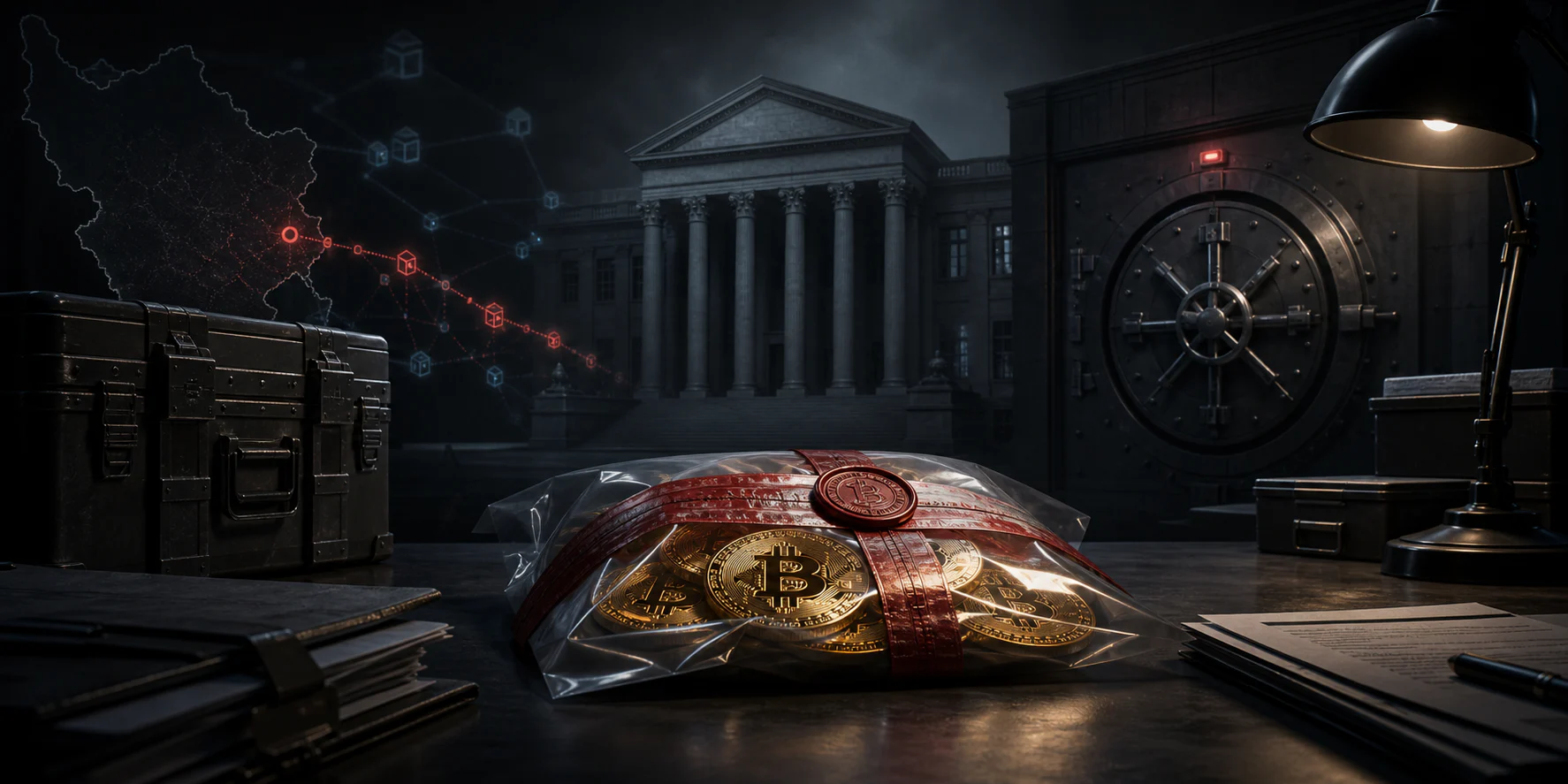 Editorial illustration of a cryptocurrency seizure represented by a secured evidence vault and blockchain trail