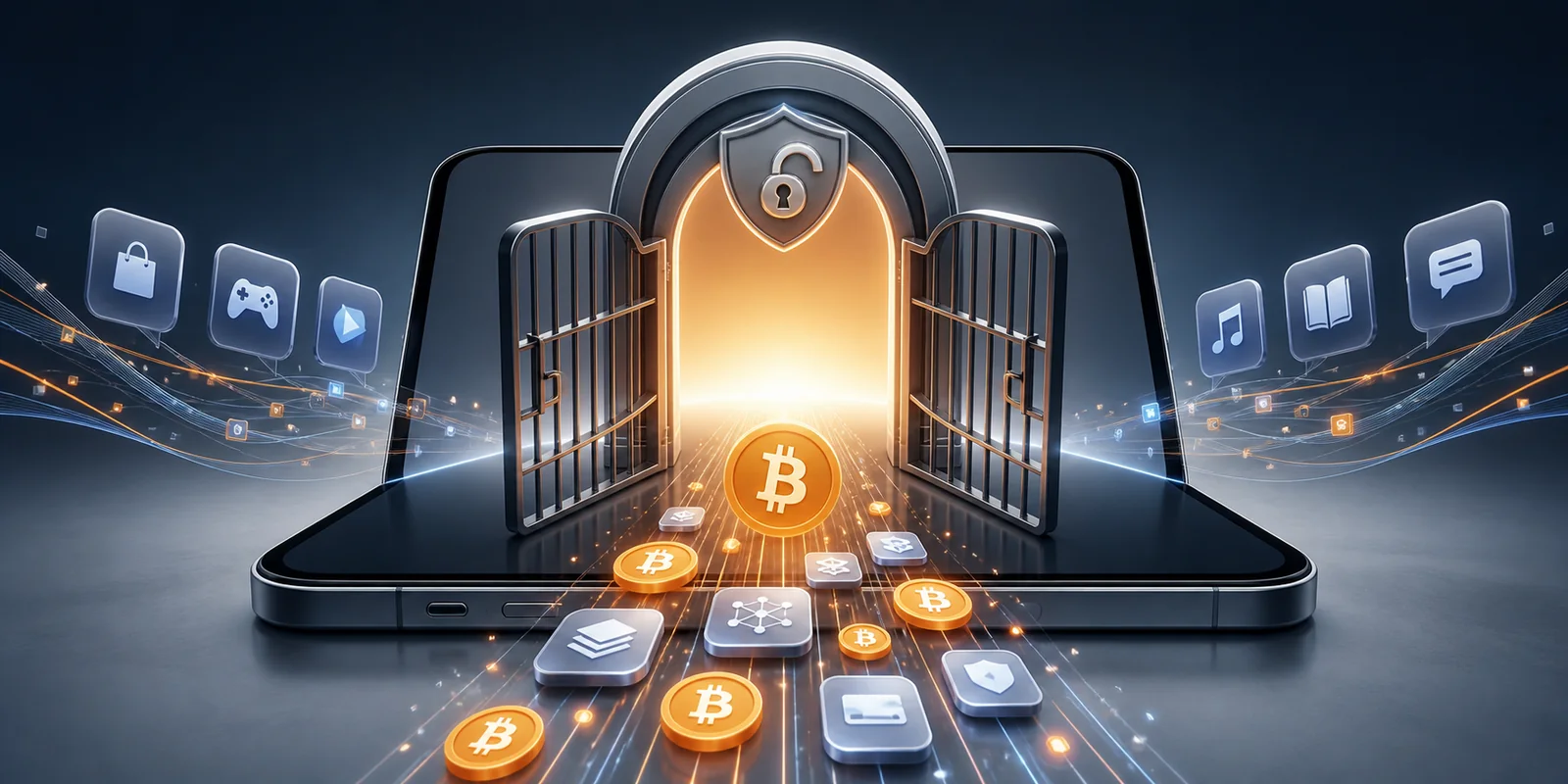 Editorial illustration of a mobile payment gateway opening to bitcoin and crypto transactions
