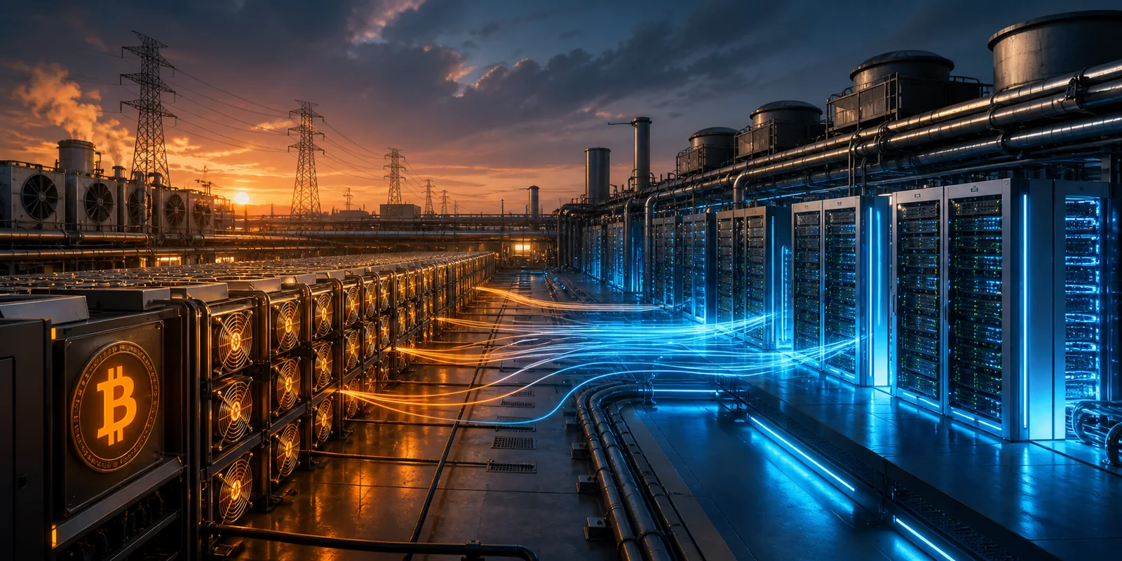 Editorial illustration of bitcoin mining infrastructure transitioning into AI computing racks