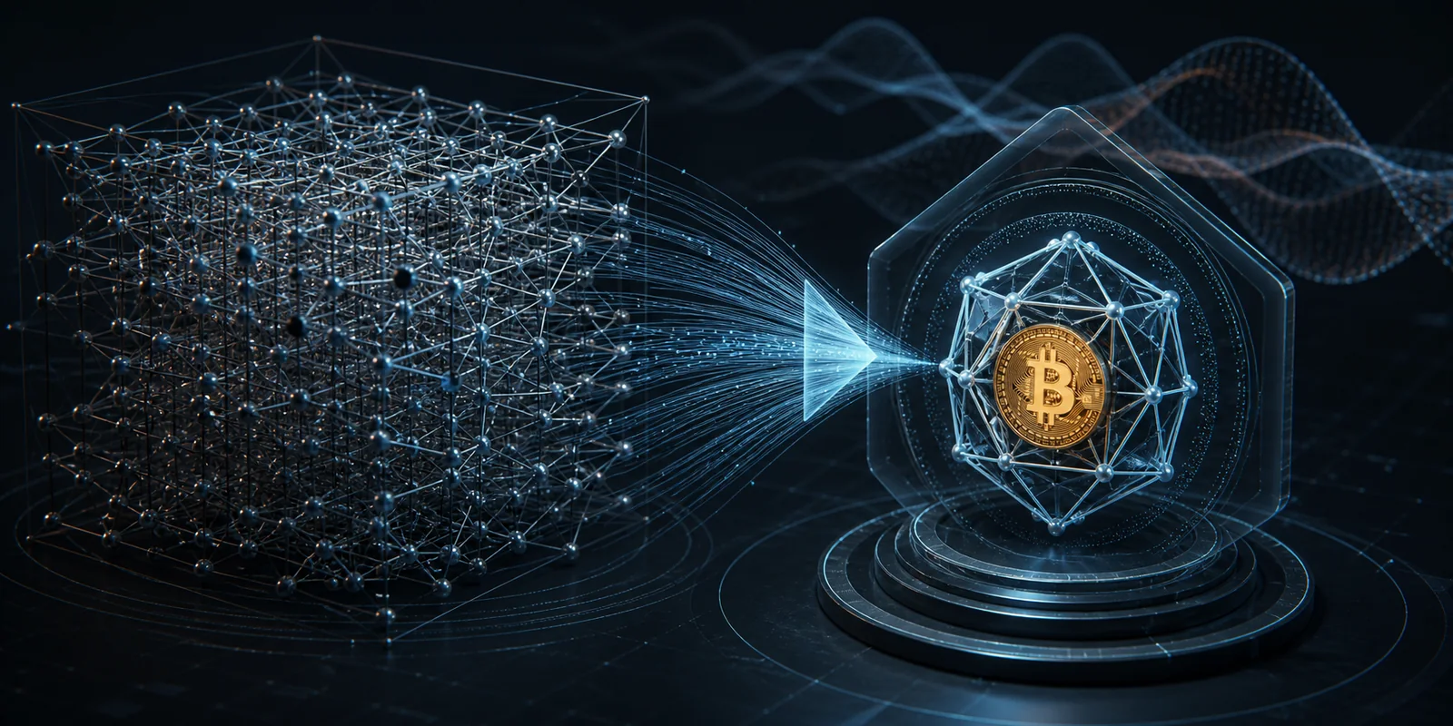 Editorial illustration of a complex cryptographic lattice compressing into a protected Bitcoin signature