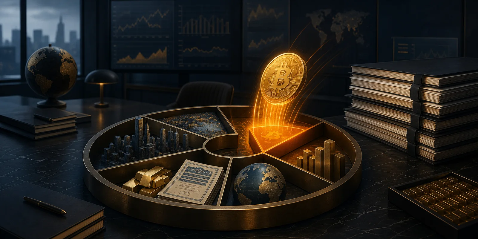 Editorial illustration of an institutional portfolio increasing its bitcoin ETF allocation