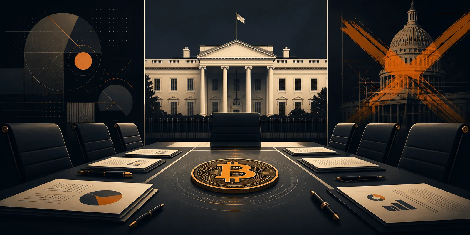 Editorial illustration of a White House crypto policy meeting and stalled congressional action