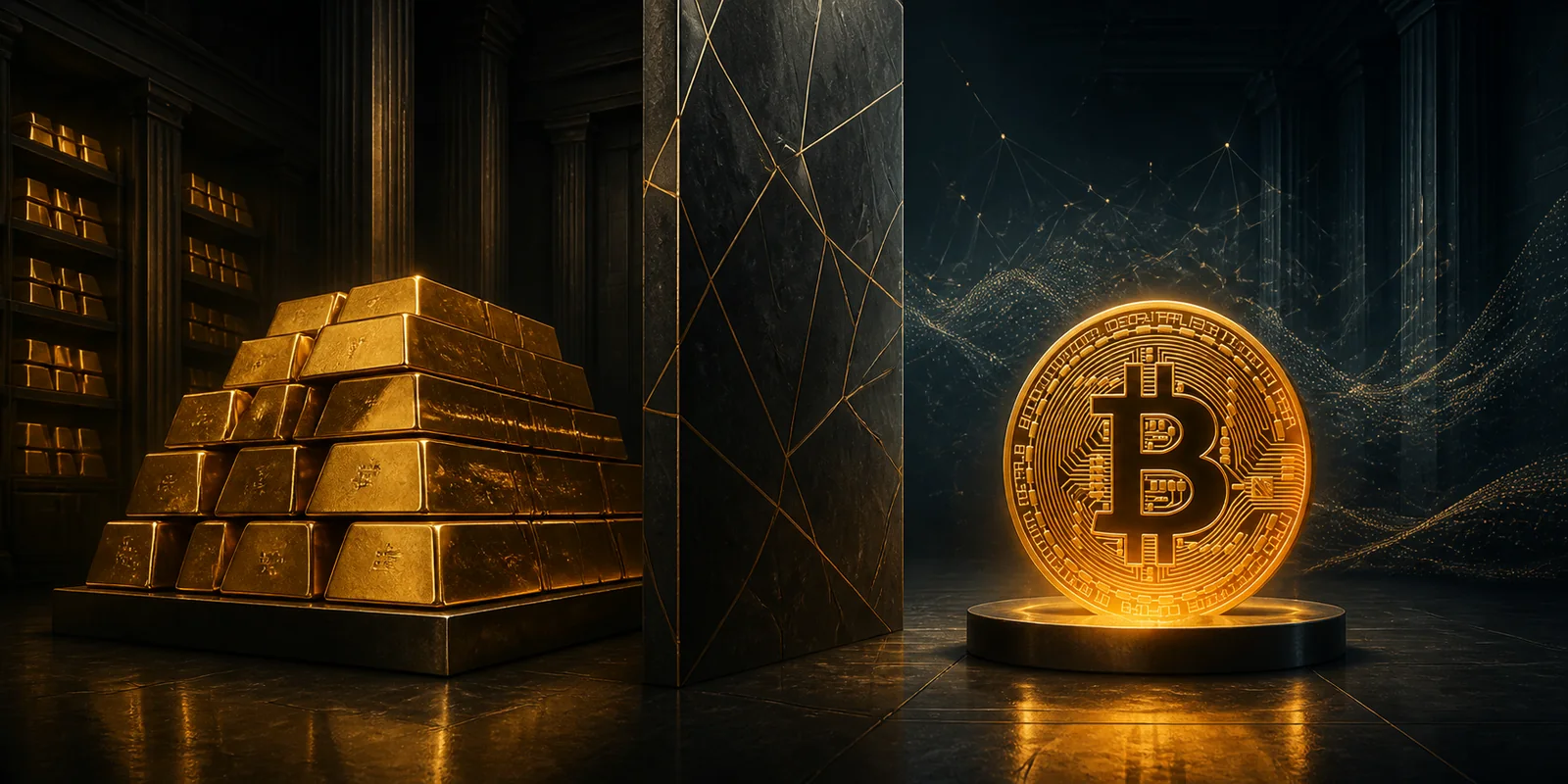 Editorial illustration contrasting institutional gold reserves with bitcoin